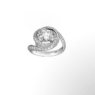 Trinity Ruban Solitaire The iconic Trinity is uniquely re-interpreted as a diamond paved ribbon of platinum or yellow gold coiling around a central diamond. A solitaire in motion, a swirl of love, the glittering Trinity Ruban is a single never-ending line celebrating an eternal bond.