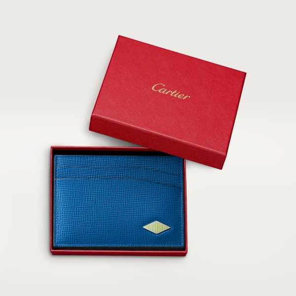 Double card holder, Cartier Losange Ocean blue grained calfskin, palladium finish and lime enamel