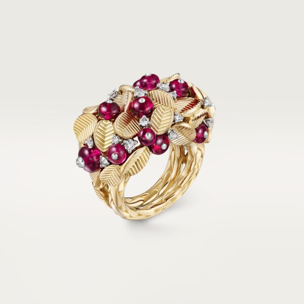 Grain de Café ring, rubellite, semi-paved Yellow gold, platinum, rubellites, diamonds