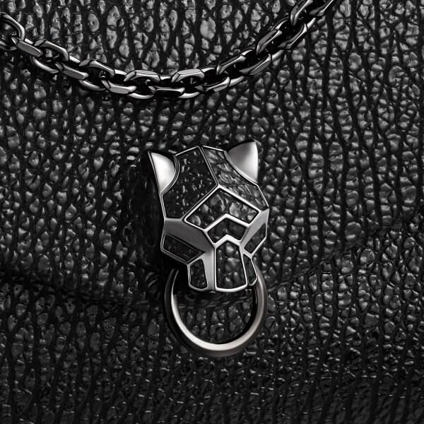 手袋，迷你款，Panthère Graphique 亮面黑色皺摺效果小牛皮，鍍釕飾面