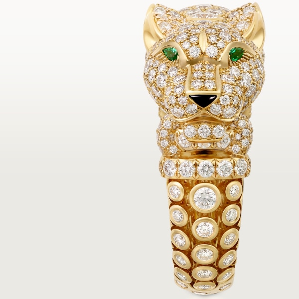 Panthère de Cartier ring, paved Yellow gold, onyx, emeralds, diamonds