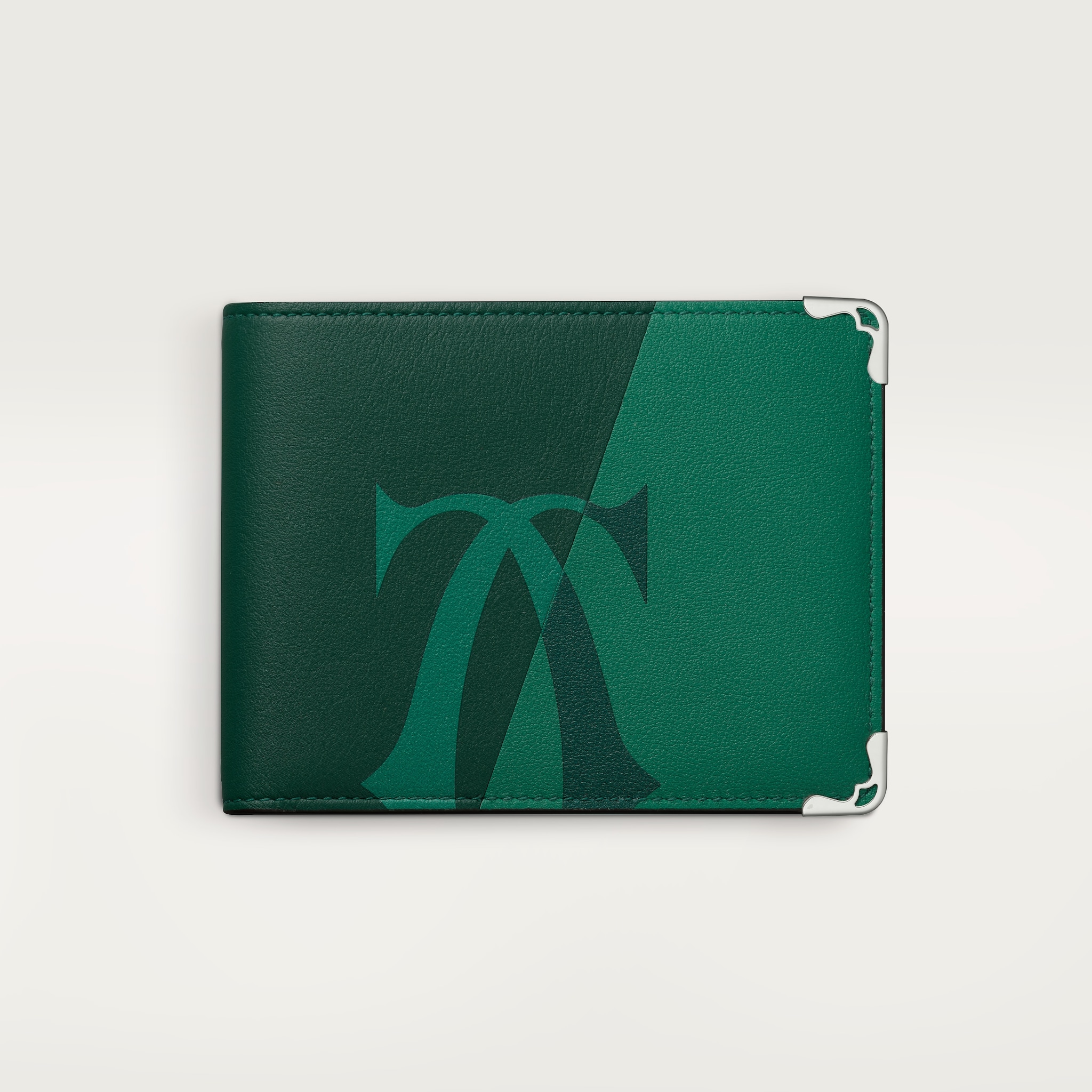 小型銀包，可容納6張信用卡，Must de CartierXL 標誌光滑綠色小牛皮，鍍鈀飾面