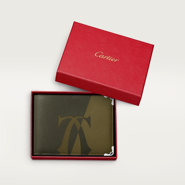 小型銀包，可容納6張卡片，Must de Cartier XL 標誌光滑卡其色小牛皮，鍍鈀飾面