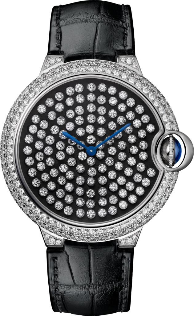 Ballon Bleu de Cartier 腕錶42毫米，手動上鏈機械機芯，18K白色黃金，鑽石，皮革