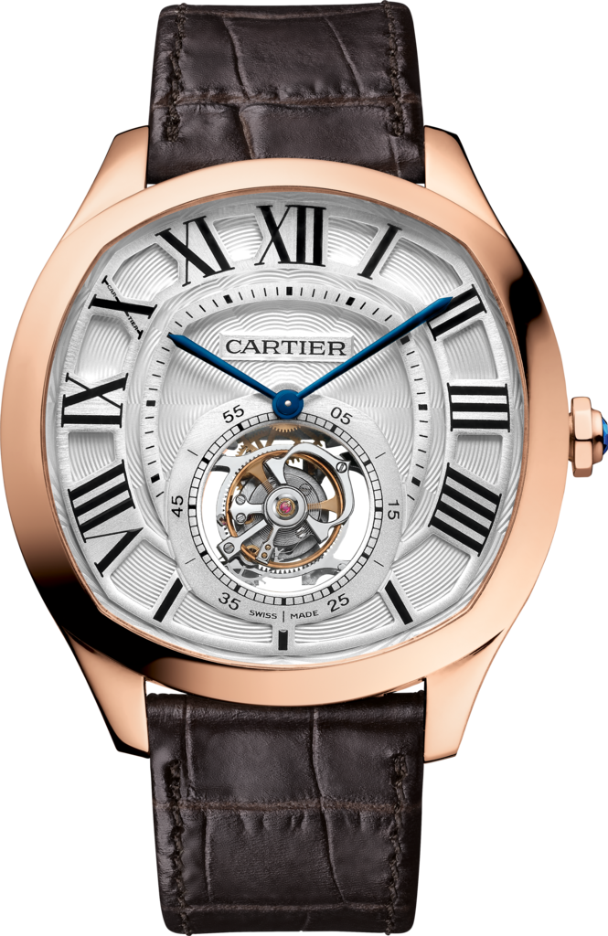 Drive de Cartier 浮動式陀飛輪腕錶大型款，手動上鏈機械機芯，18K玫瑰金，皮革