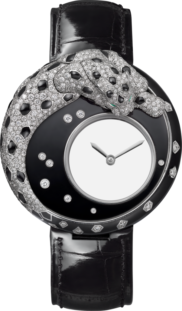 Joaillière Panthère 腕錶40毫米，手動上鏈機械機芯，18K白色黃金，亮漆，鑽石，皮革