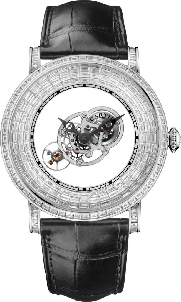 Rotonde Astromystérieux 天體運轉式神秘陀飛輪腕錶，長階梯形切割寶石43.5毫米，手動上鏈機械機芯，鉑金，鑽石，皮革