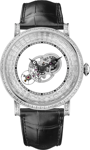 Rotonde Astromystérieux 天體運轉式神秘陀飛輪腕錶，長階梯形切割寶石 43.5毫米，手動上鏈機械機芯，鉑金，鑽石，皮革