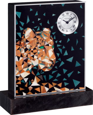 Exceptional Ménagerie de Cartier clock with Panthère pixels Sycamore wood, jata wood, eucalyptus wood, Bolivar wood, maple wood, birch wood, malachite, mother-of-pearl, palladium-finish sterling silver