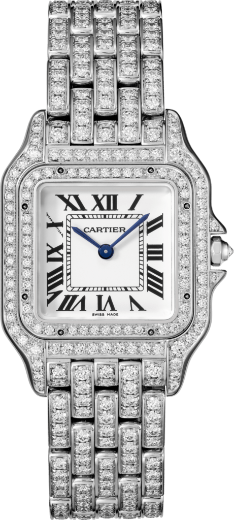 Panthère de Cartier 腕錶中型款，石英機芯，18K白色黃金，鑽石