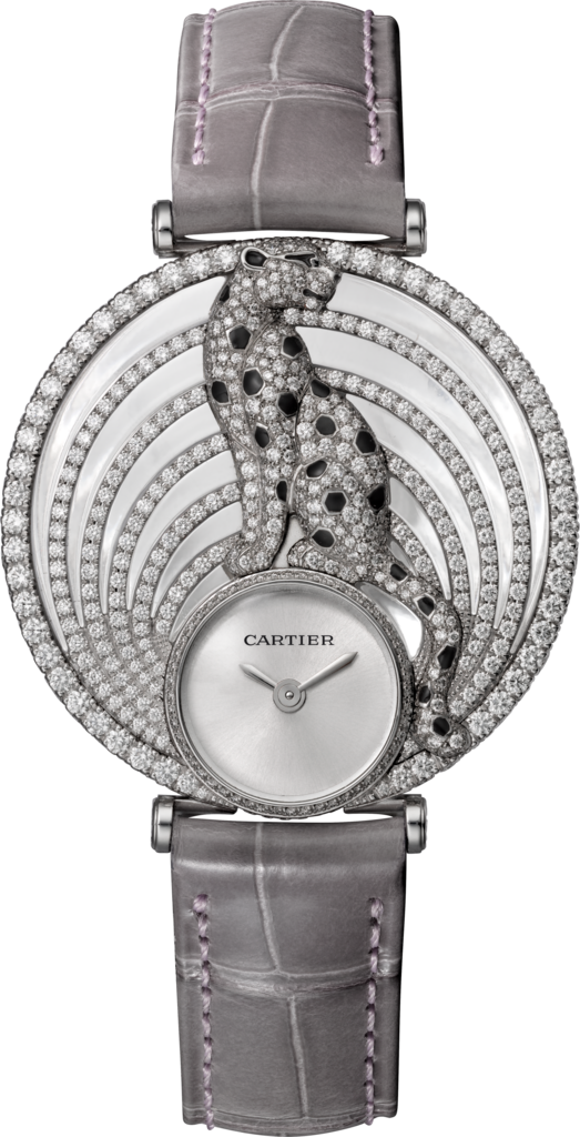 Joaillière Panthère 腕錶35毫米，石英機芯，18K白色黃金，鑽石，皮革