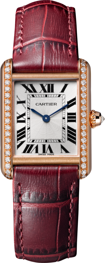 Tank Louis Cartier 腕錶小型款，手動上鏈機械機芯，18K玫瑰金，鑽石，皮革