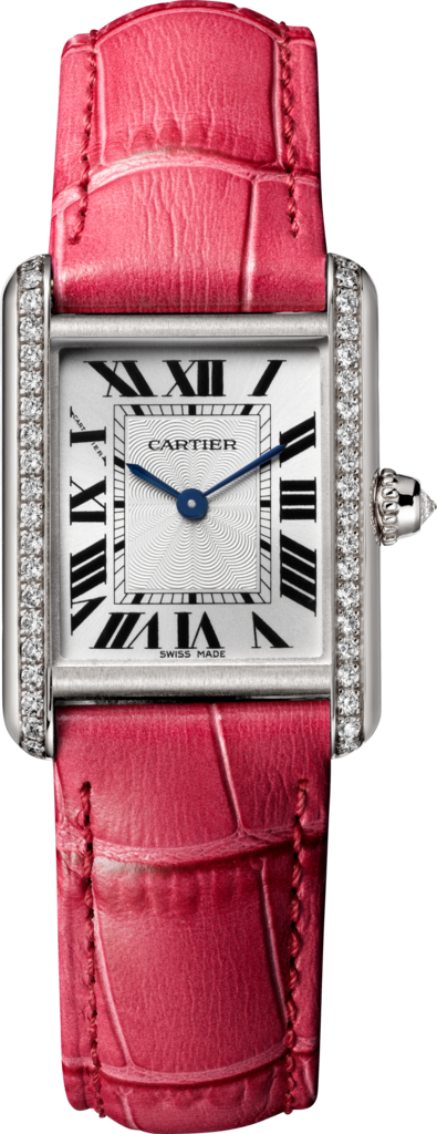 Tank Louis Cartier 腕錶小型款，手動上鏈機械機芯，18K白色黃金，鑽石，皮革