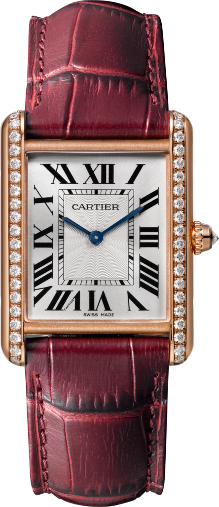 Tank Louis Cartier 腕錶大型款，手動上鏈機械機芯，18K玫瑰金，鑽石，皮革