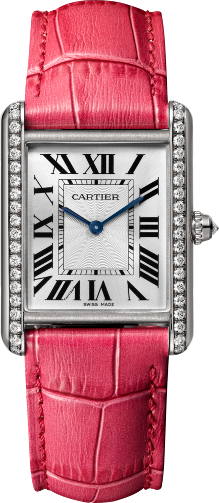 Tank Louis Cartier 腕錶大型款，手動上鏈機械機芯，18K白色黃金，鑽石，皮革