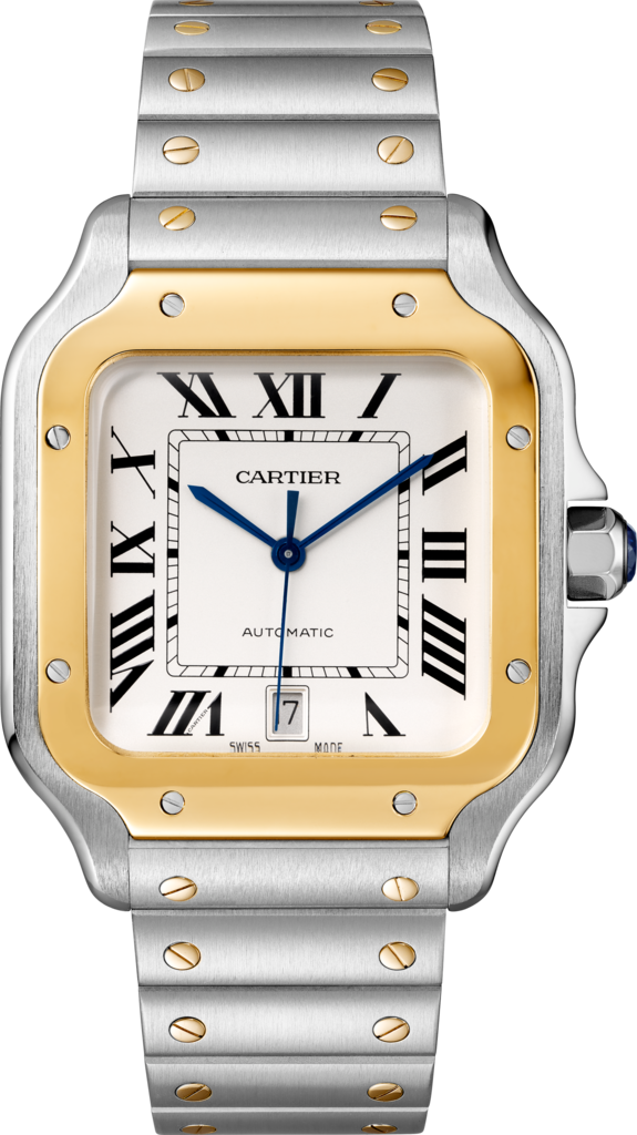 Santos de Cartier 腕錶大型款，自動上鏈機械機芯，18K黃金，精鋼，可更換式金屬錶鏈及皮革錶帶