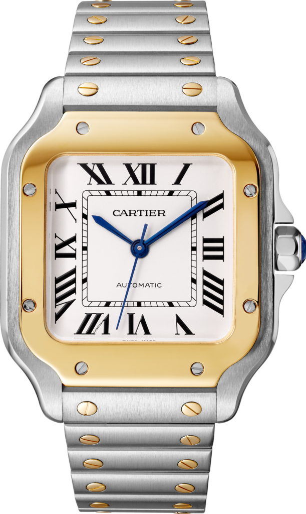 Santos de Cartier 腕錶中型款，自動上鏈機械機芯，18K黃金，精鋼，可更換式金屬錶鏈及皮革錶帶