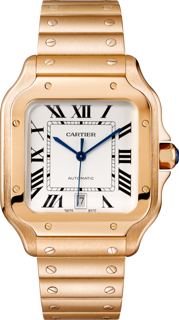 Santos de Cartier 腕錶大型款，自動上鏈機械機芯，18K玫瑰金，可更換式金屬錶鏈及皮革錶帶
