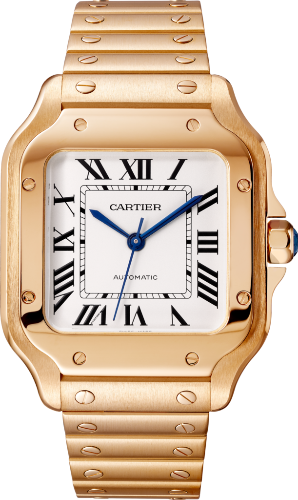 Santos de Cartier 腕錶中型款，自動上鏈機械機芯，18K玫瑰金，可更換式金屬錶鏈及皮革錶帶