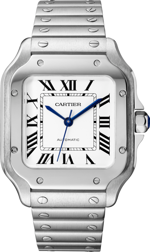 Santos de Cartier 腕錶中型款，自動上鏈機械機芯，精鋼，可更換式金屬錶鏈及皮革錶帶