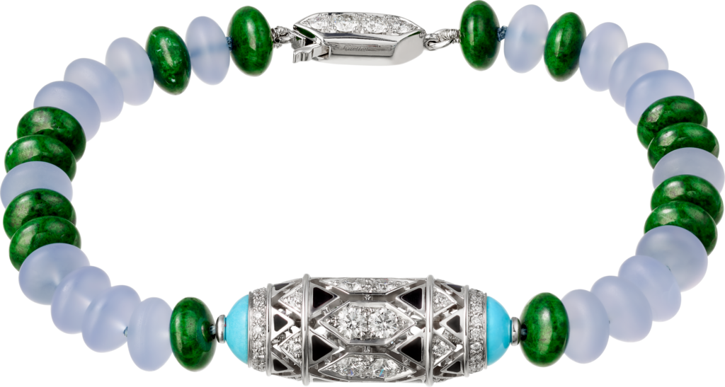 高級珠寶手鐲18K白色黃金，玉髓，矽卡岩，綠松石，黑色亮漆，凸圓形祖母綠，鑽石