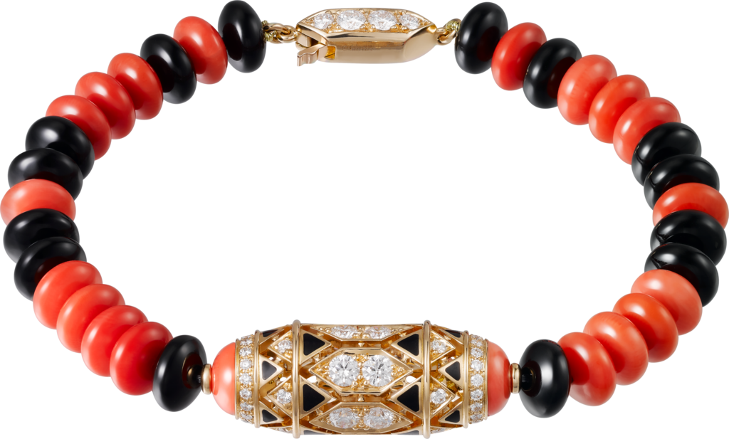 高級珠寶手鐲18K玫瑰金，珊瑚，縞瑪瑙，黑色亮漆，鑽石