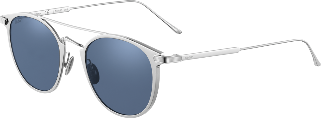 C de Cartier 太陽眼鏡金屬，灰色 PVD 飾面，鍍鈀飾面細節，深藍色鏡片