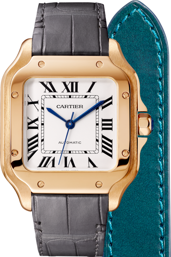 Santos de Cartier 腕錶中型款，自動上鏈機械機芯，18K玫瑰金，2條可更換式皮革錶帶