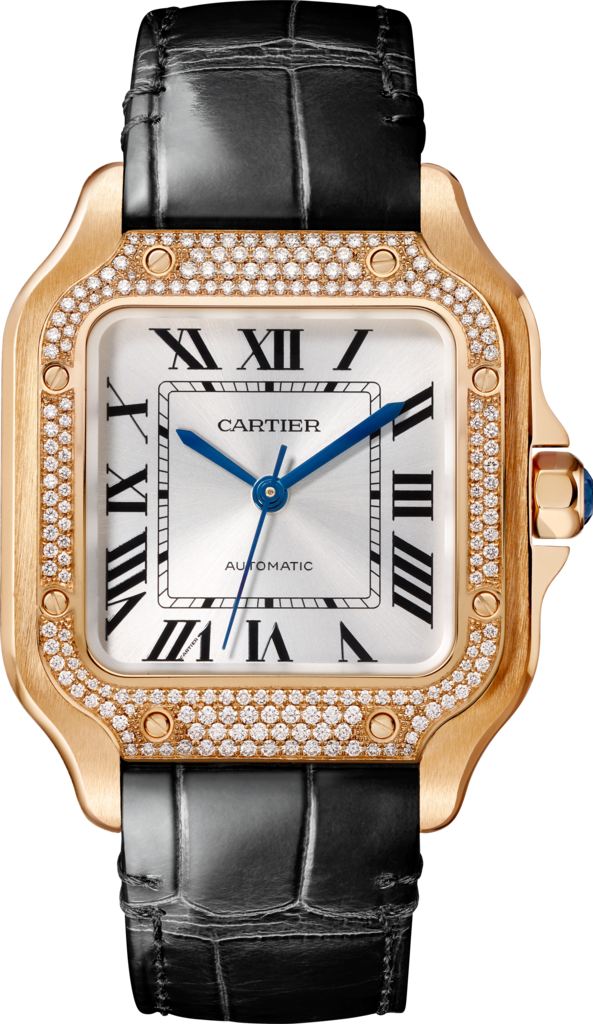 Santos de Cartier 腕錶中型款，自動上鏈機械機芯，18K玫瑰金，鑽石，2條可更換式皮革錶帶