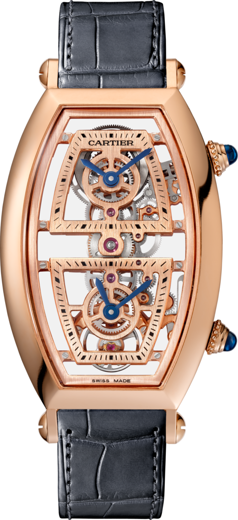 Tonneau watchExtra-large model, hand-wound mechanical movement, rose gold, leather