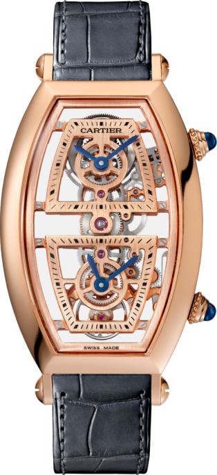 Tonneau watch Extra-large model, hand-wound mechanical movement, rose gold, leather