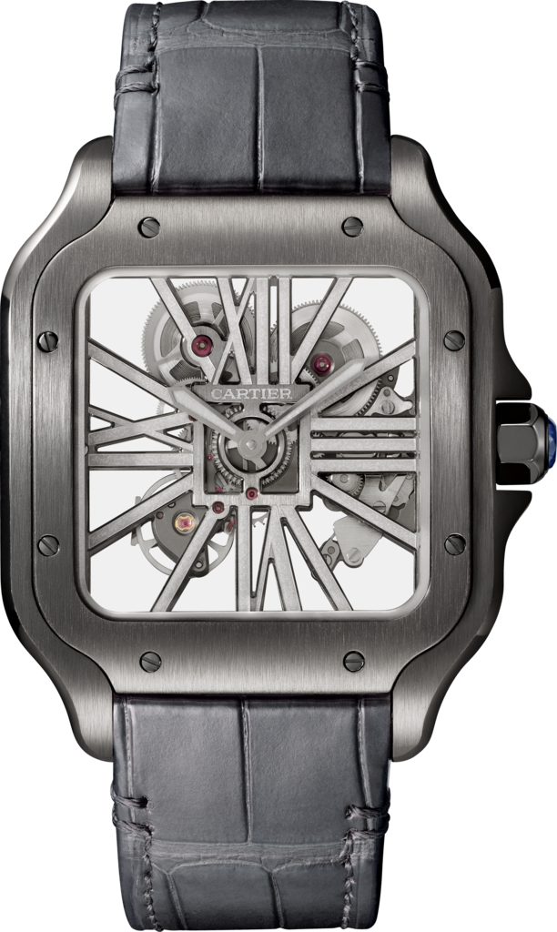 Santos de Cartier 腕錶大型款，手動上鏈機械機芯，精鋼，ADLC 碳鍍層處理，皮革