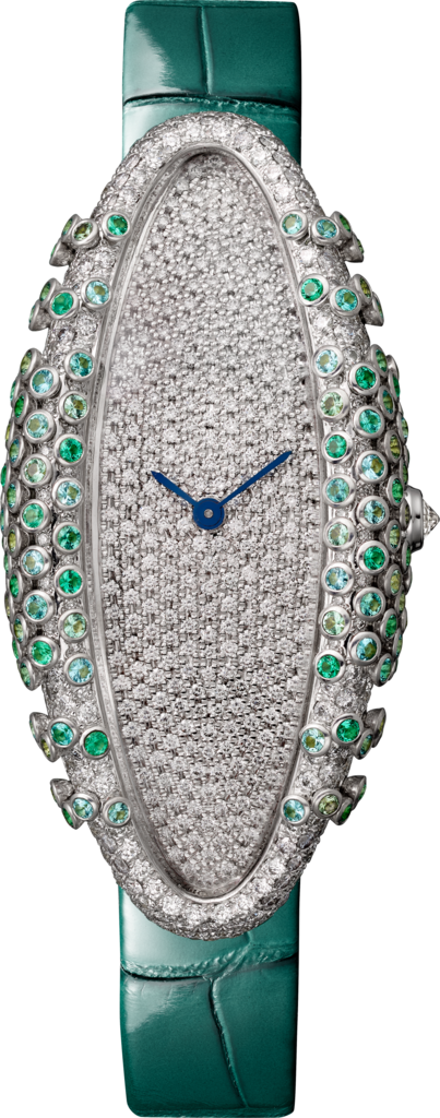 Cartier Libre 腕錶中型款，手動上鏈機械機芯，18K白色黃金，鑽石，祖母綠，帕拉伊巴碧璽