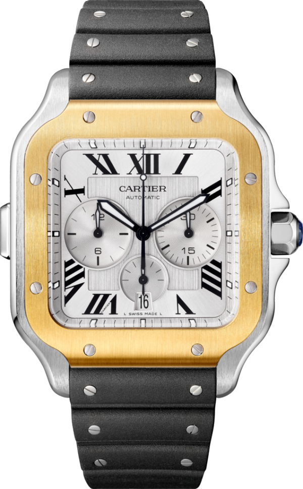Santos de Cartier 計時碼錶 特大型款，自動上鏈機械機芯，18K黃金，精鋼，可更換式金屬錶鏈及橡膠錶帶