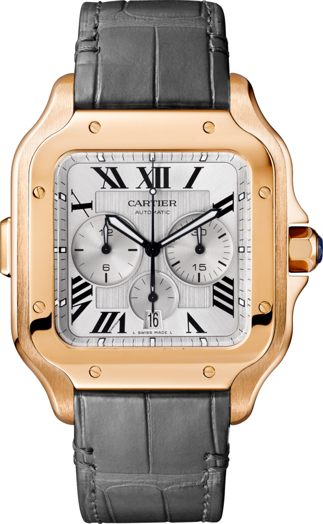 Santos de Cartier 計時碼錶特大型款，自動上鏈機械機芯，18K玫瑰金，可更換式皮革錶帶及橡膠錶帶