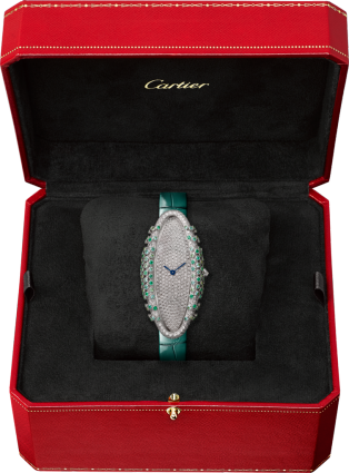 Cartier Libre 腕錶 中型款，手動上鏈機械機芯，18K白色黃金，鑽石，祖母綠，帕拉伊巴碧璽