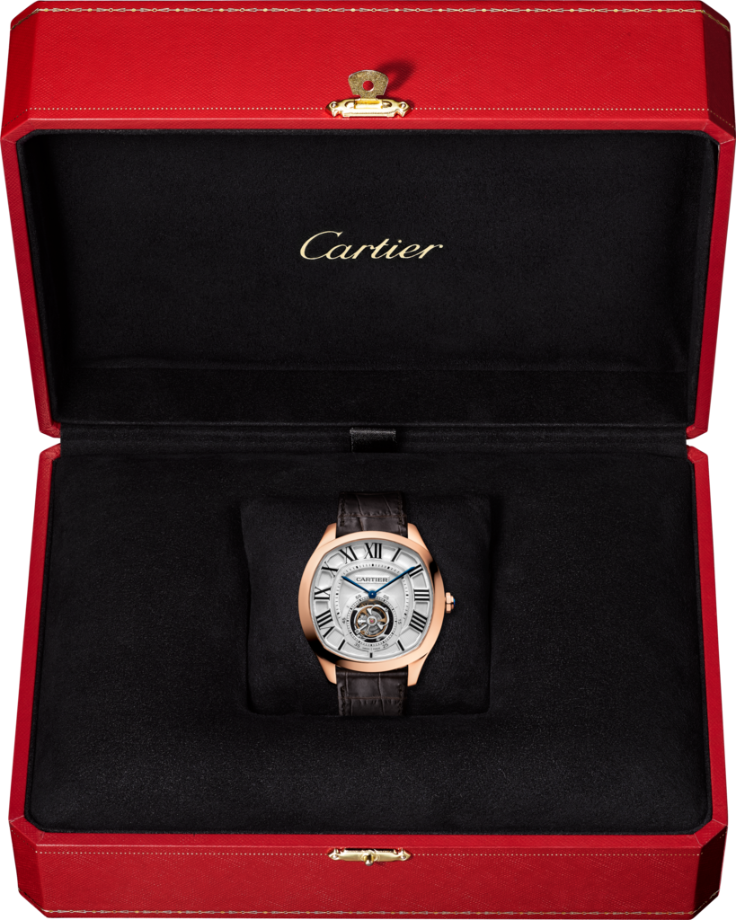 Drive de Cartier Flying Tourbillon watchLarge model, hand-wound mechanical movement, rose gold, leather