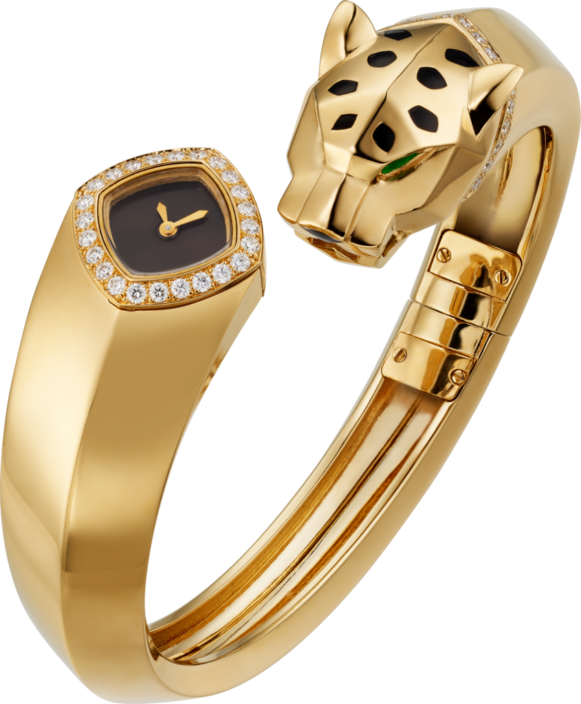 La Panthère de Cartier 腕錶18毫米，石英機芯，18K黃金，鑽石，沙弗萊石，亮漆
