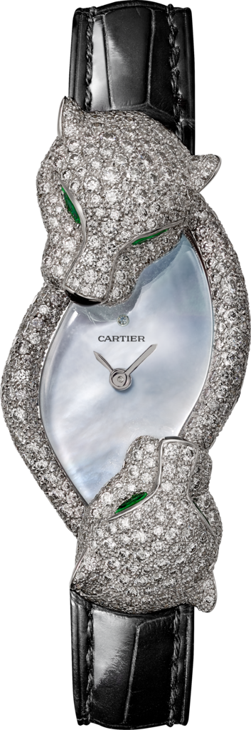 Panthère Jewellery WatchesWhite gold, quartz, emeralds, black lacquer, leather, diamonds