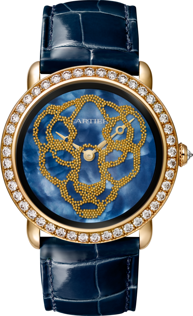 Révélation d'une Panthère watch37 mm, manual, yellow gold, diamonds, mother-of-pearl, leather