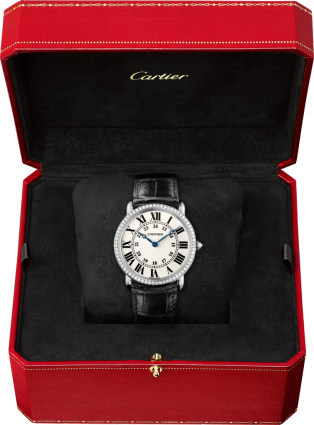Ronde Louis Cartier 腕錶 36毫米，手動上鏈機械機芯，18K白色黃金，鑽石，皮革