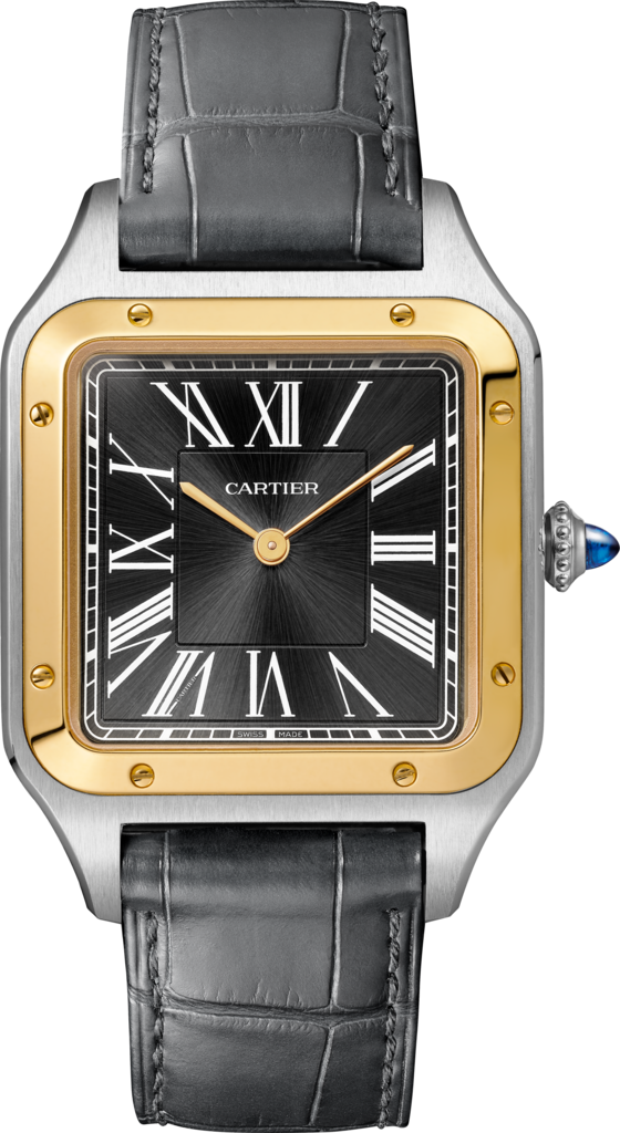 Santos-Dumont 腕錶大型款，手動上鏈機械機芯，18K黃金，精鋼，皮革