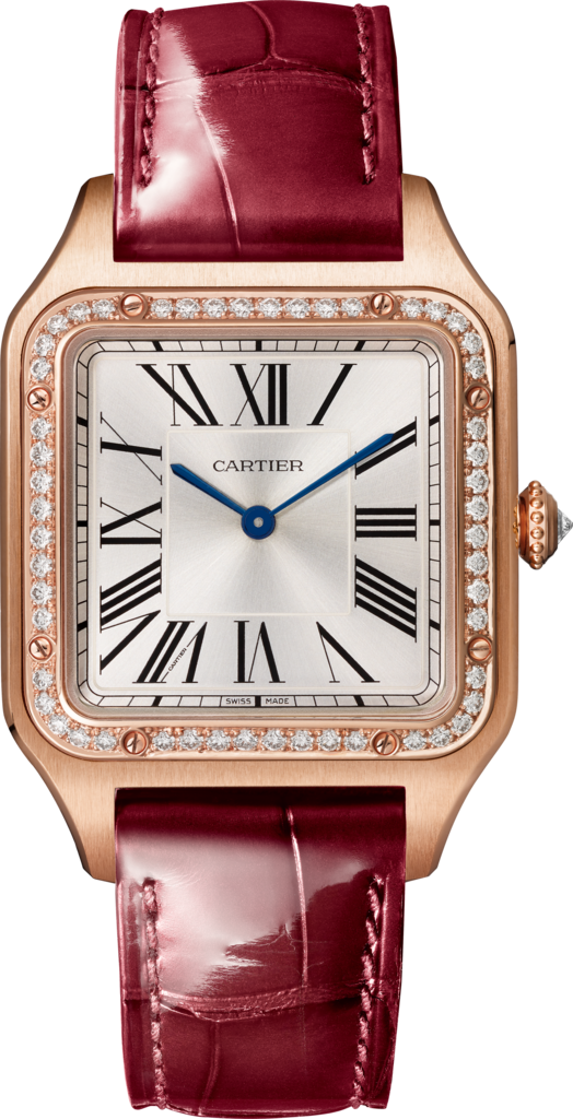 Santos-Dumont 腕錶大型款，石英機芯，18K玫瑰金，鑽石，皮革