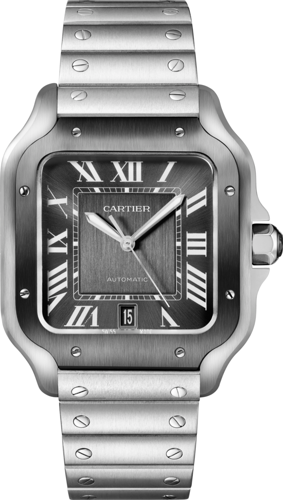 Santos de Cartier 腕錶大型款，自動上鏈機械機芯，精鋼，ADLC 碳鍍層處理，可更換式金屬錶鏈及橡膠錶帶