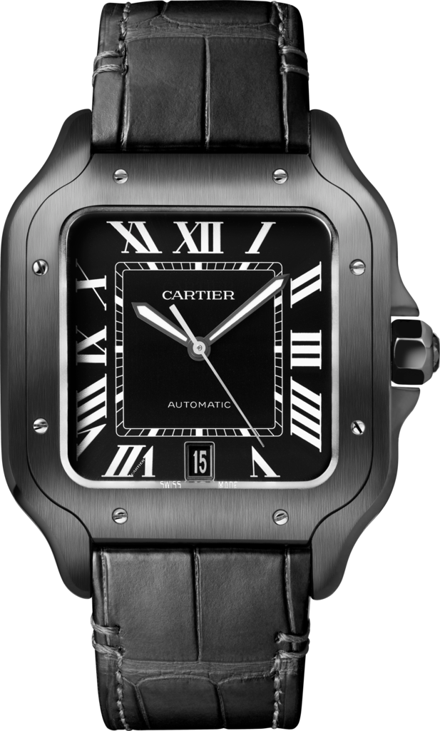 Santos de Cartier 腕錶大型款，自動上鏈機械機芯，精鋼，ADLC 碳鍍層處理，可更換式橡膠錶帶及皮革錶帶