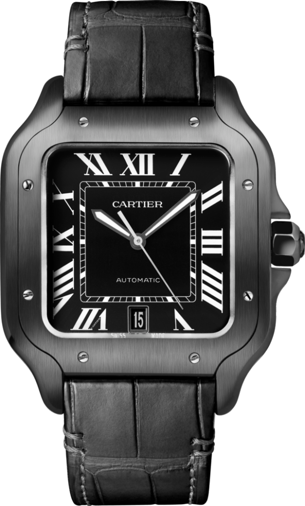 Santos de Cartier 腕錶 大型款，自動上鏈機械機芯，精鋼，ADLC 碳鍍層處理，可更換式橡膠錶帶及皮革錶帶