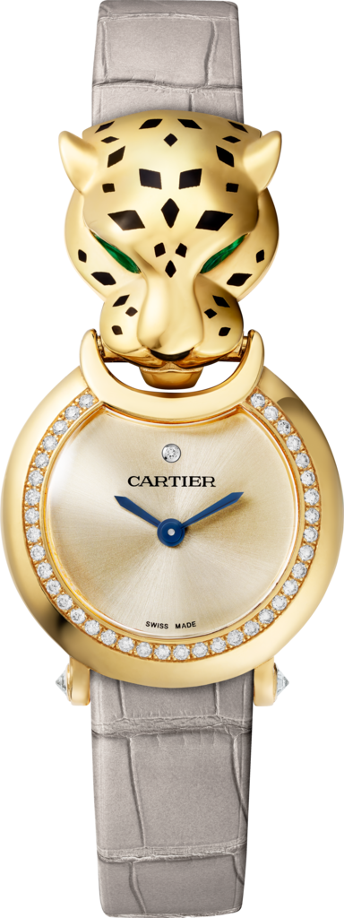 La Panthère de Cartier 腕錶小型款，石英機芯，18K黃金，鑽石，沙弗萊石，亮漆，皮革