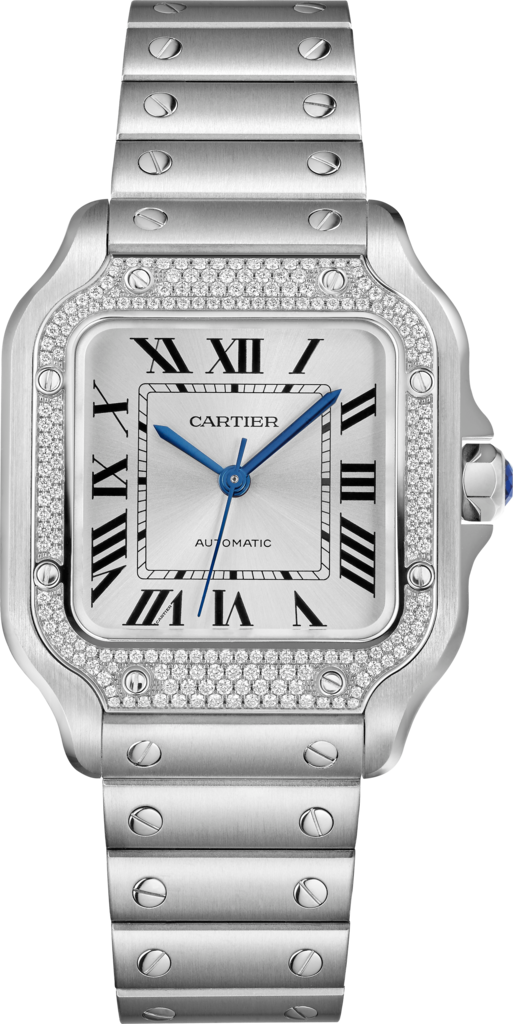 Santos de Cartier 腕錶中型款，自動上鏈機械機芯，精鋼，鑽石，可更換式金屬錶鏈及皮革錶帶