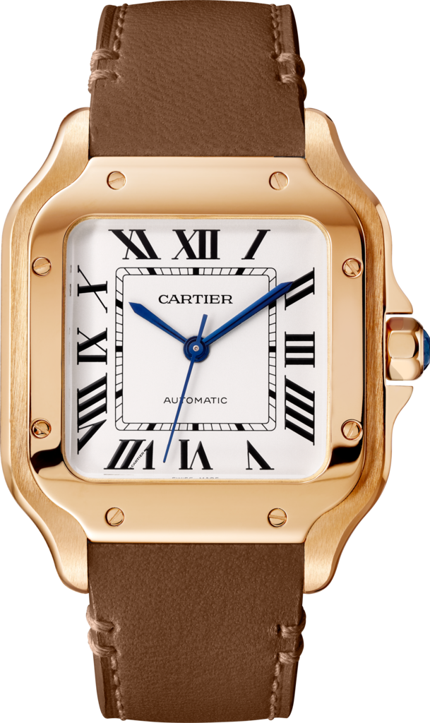 Santos de Cartier 腕錶中型款，自動上鏈機械機芯，18K玫瑰金，2條可更換式皮革錶帶
