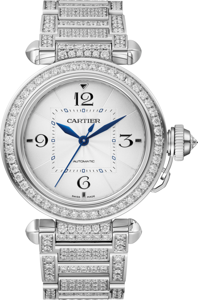 Pasha de Cartier 腕錶35毫米，自動上鏈機械機芯，18K白色黃金，鑽石